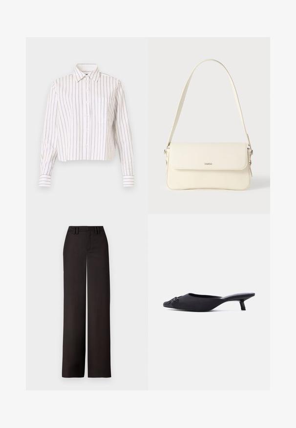 Chemise rayée blanche avec de fines rayures brunes. Elle a un col pointu, des manches longues et une poche poitrine. Longueur courte.; Pantalons noirs à jambes larges avec un devant plat, passants de ceinture et une texture lisse, conçus pour un ajustement près du corps. Aucun matériel ou motif visible.; Mule pour femmes noires avec bout pointu, empeigne en tissu, petit talon bobine et un nœud décoratif à l'avant, présenté en profil latéral.; Sac à bandoulière en cuir couleur crème avec fermeture à rabat, quincaillerie argentée, une bandoulière réglable et un logo discret.