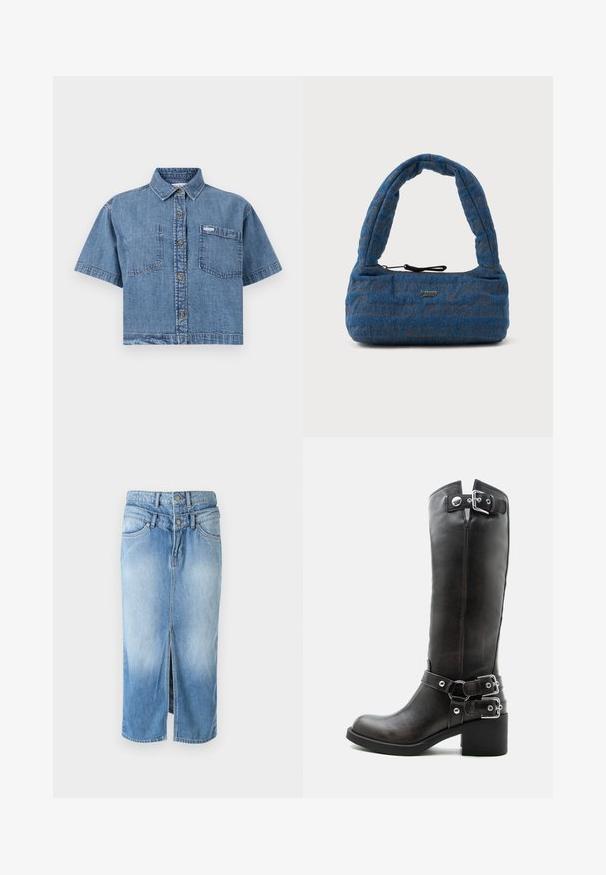 Camisa de mezclilla cortada en azul claro con mangas cortas, frente abotonado, dos bolsillos en el pecho y una pequeña etiqueta de la marca en el bolsillo izquierdo.; Falda de denim azul claro con una abertura en la parte delantera, cierre de dos botones, cintura alta y diseño estándar de cinco bolsillos. Textura suave, de longitud media.; Bota alta de cuero negro con tacón grueso y tres hebillas plateadas ajustables en el cañón y el tobillo.; Bolso de mezclilla azul con un asa curva y acolchada. Presenta un discreto patrón de logo marrón y un cierre de cordón negro.