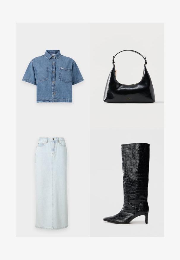 Helles, kurzes Denim-Hemd in Blau mit kurzen Ärmeln, durchgehender Knopfleiste, zwei Brusttaschen und einem kleinen Markenetikett auf der linken Tasche.; Hellblauer Denim-Maxi-Rock mit geradem Design, vorderer Knopfverschluss und sichtbaren Nähten. Verfügt über zwei Fronttaschen.; Schwarze kniehohe Stiefel mit glänzender, krokodilgeprägter Textur, spitzer Zehenpartie und schmalem Absatz. Glattes synthetisches Material.; Schwarze, glänzende Calvin Klein Handtasche mit goldfarbenem Reißverschluss und kurzem Trageriemen vor schlichtem weißem Hintergrund.