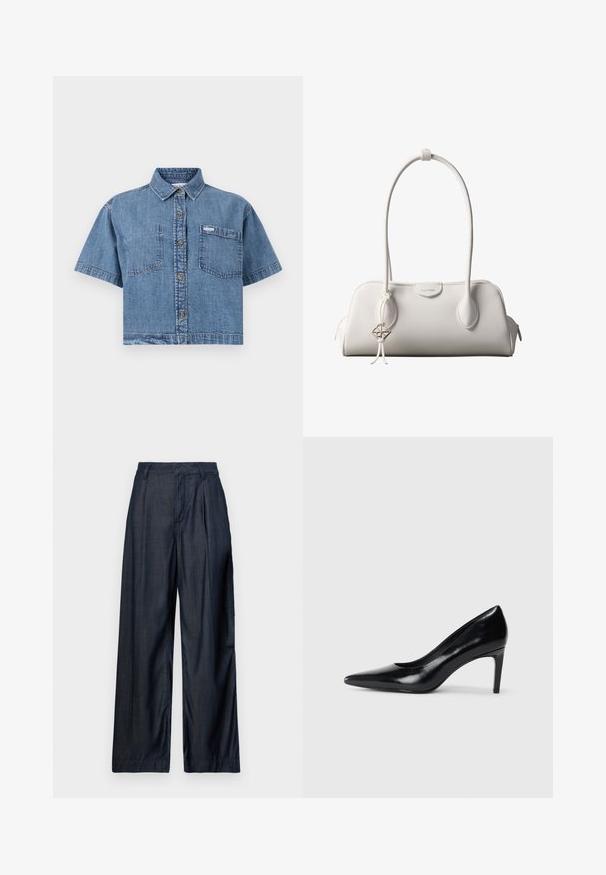 Helles, kurzes Denim-Hemd in Blau mit kurzen Ärmeln, durchgehender Knopfleiste, zwei Brusttaschen und einem kleinen Markenetikett auf der linken Tasche.; Dunkelblaue, weite Hosen aus glattem Stoff, mit Falten an der Vorderseite und einem Bund mit Gürtelschlaufen.; Schwarzer Lederhochschuh mit spitzem Zehenbereich, glatter Textur und schmalem Absatz. Minimalistisches Design, keine zusätzlichen Verzierungen.; Weiße Calvin Klein Schultertasche mit langen Griffen, rechteckiger Form, Reißverschluss und dekorativem Logo-Anhänger, der in der Nähe des Griffs hängt.
