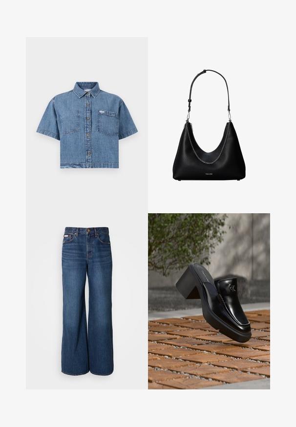 Camisa de mezclilla cortada en azul claro con mangas cortas, frente abotonado, dos bolsillos en el pecho y una pequeña etiqueta de la marca en el bolsillo izquierdo.; Vaqueros de pierna ancha hechos de denim azul oscuro. Incluyen una cintura alta, cinco bolsillos y costuras en contraste de color naranja a lo largo de las costuras.; Mule tipo slip-on de cuero negro de Calvin Klein con tacón de bloque descansando sobre baldosas de madera al aire libre cerca de una planta verde y una pared gris.; Bolso de mano de cuero negro con detalle de cadena plateada y correa de hombro ajustable, con el logo de Calvin Klein en la parte frontal.