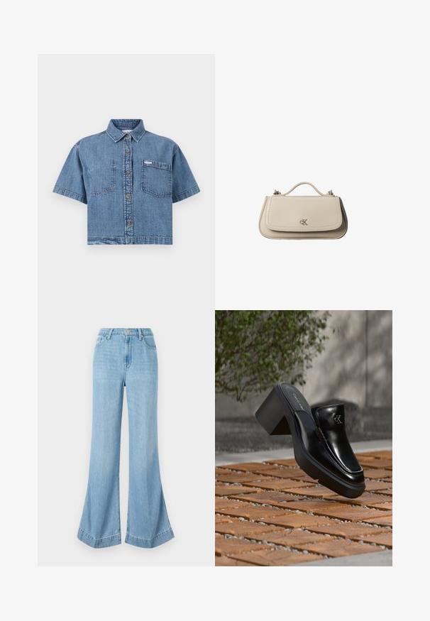 Camisa de mezclilla cortada en azul claro con mangas cortas, frente abotonado, dos bolsillos en el pecho y una pequeña etiqueta de la marca en el bolsillo izquierdo.; Jeans de denim de pierna ancha color azul claro, de cintura alta con cierre de botones, que presentan un acabado limpio y un dobladillo acampanado con aberturas laterales.; Mule tipo slip-on de cuero negro de Calvin Klein con tacón de bloque descansando sobre baldosas de madera al aire libre cerca de una planta verde y una pared gris.; Pequeño bolso de mano de cuero beige con asa superior y logo plateado de CK en la solapa frontal, mostrado sobre un fondo blanco.