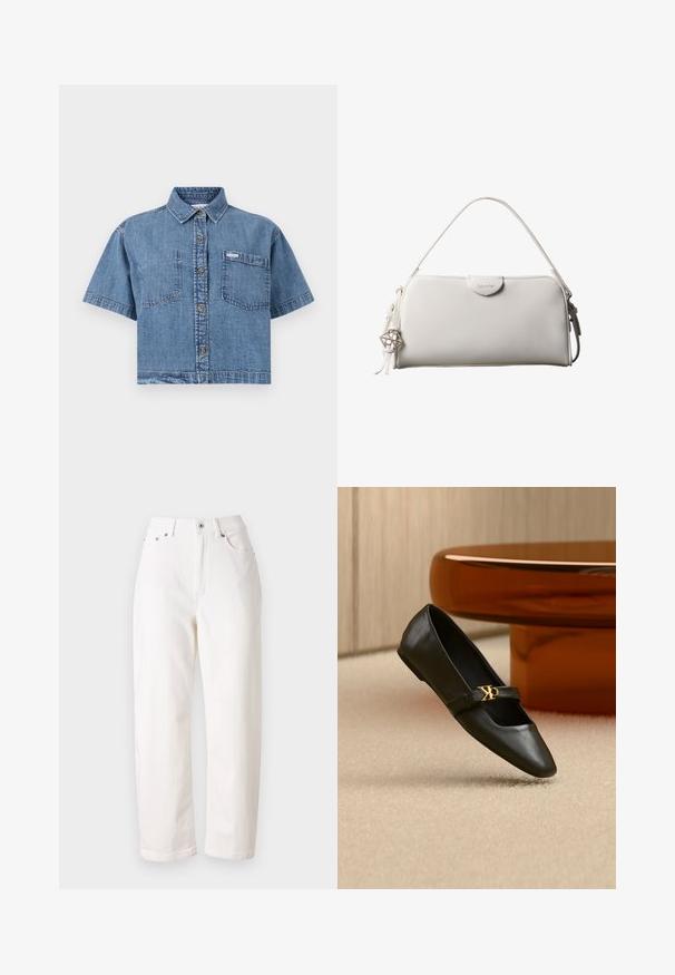 Camisa de mezclilla cortada en azul claro con mangas cortas, frente abotonado, dos bolsillos en el pecho y una pequeña etiqueta de la marca en el bolsillo izquierdo.; Jeans de mezclilla blanca con un diseño de pierna recta, cintura alta, cierre de cremallera y botón de metal. Cuenta con cinco bolsillos y costuras sutiles.; Zapato plano de cuero negro con puntera puntiaguda y logo dorado de CK en la correa, colocado sobre una alfombra beige cerca de una mesa redonda marrón ámbar.; Bolso rectangular blanco de Calvin Klein con un solo asa, diseño minimalista y borlas decorativas con un charm metálico geométrico en el lateral.