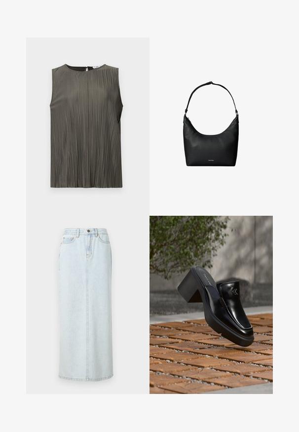 Top sans manches en vert olive foncé avec des plis verticaux, encolure ronde et détail de dos en forme de clé. Texture lisse et design fluide.; Jupe maxi en denim bleu clair avec un design droit, fermeture à boutons sur le devant et couture visible. Elle comporte deux poches avant.; Mule slip-on en cuir noir Calvin Klein avec talon bloc reposant sur des carreaux en bois à l'extérieur près d'une plante verte et d'un mur gris.; Sac à bandoulière en cuir noir texturé avec une sangle unique et un petit logo Calvin Klein au centre avant.