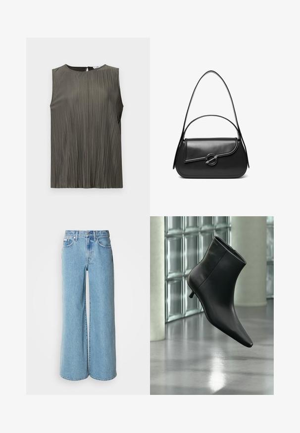 Top sans manches en vert olive foncé avec des plis verticaux, encolure ronde et détail de dos en forme de clé. Texture lisse et design fluide.; Jean large bleu clair en denim, avec une taille haute, un design à cinq poches et un léger dégradé sur le tissu.; Bottine en cuir noir à bout pointu et petit talon kitten, présentée en angle devant un sol poli et un mur en blocs de verre.; Sac à bandoulière en cuir noir avec un rabat incurvé fermé par un fermoir métallique rond et une sangle fine et ajustable.