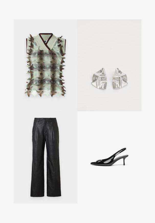 Gilet en tricot mint et marron avec un motif à carreaux, comportant des accents surélevés et pointus le long des côtés et un col côtelé.; Pantalon en cuir noir avec une coupe à jambes larges, doté de plis sur le devant et d'une texture lisse. Sans fermetures visibles ni ornements.; Escarpins slingback en cuir verni noir avec un bout pointu et une finition brillante. Présente un talon fin et un accent arrondi au dessus du pied.; Boucles d'oreilles en métal argenté avec un design ondulé et sculptural, présentant une finition polie et des formes irrégulières, mettant en valeur une esthétique contemporaine.