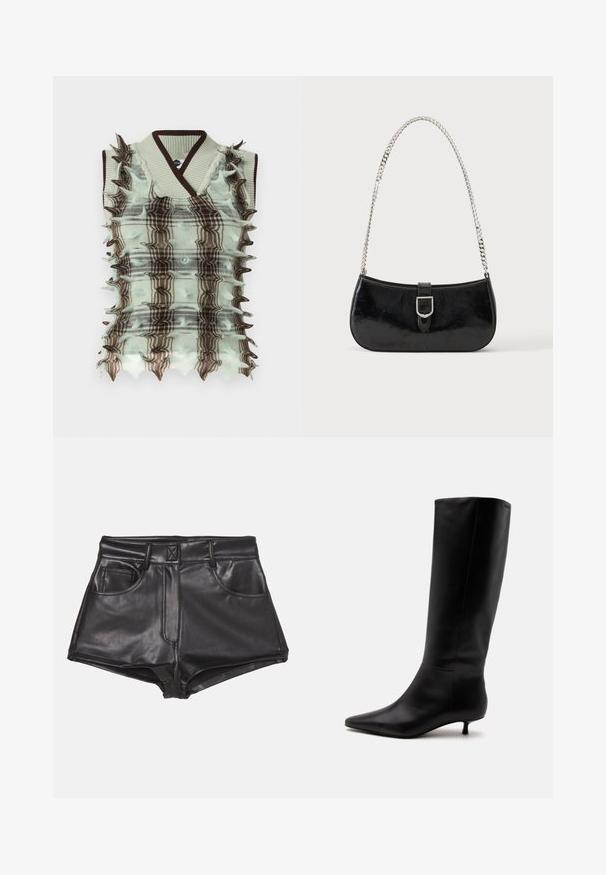 Gilet en tricot mint et marron avec un motif à carreaux, comportant des accents surélevés et pointus le long des côtés et un col côtelé.; Shorts en simili cuir noirs à taille haute, dotés de deux poches frontales, de coutures apparentes et d'une texture lisse.; Botte noire en cuir jusqu'au genou avec bout pointu et petit talon kitten sur un fond clair uni.; Sac à épaule en cuir verni noir avec détail de boucle argentée et bandoulière en chaîne argentée, présenté sur un fond uni clair.