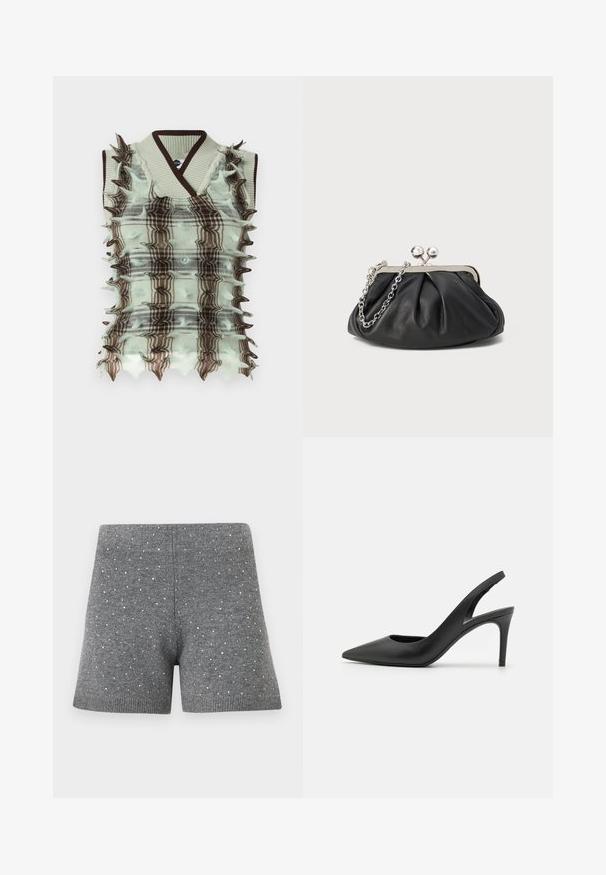 Gilet en tricot mint et marron avec un motif à carreaux, comportant des accents surélevés et pointus le long des côtés et un col côtelé.; Shorts gris en maille avec de petits clous argentés dispersés, une large ceinture et un ourlet côtelés, sur fond blanc.; Escarpins à talon aiguille en cuir noir, avec un design à bout pointu, présentant une découpure à l'avant et un talon fin.; Porte-monnaie en cuir noir avec texture froncée, cadre en métal argenté, fermeture à verrouillage kiss-lock et bandoulière en chaîne. Surface lisse et douce.
