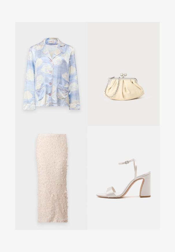 Camisa de pijama de seda en azul claro con patrones de nubes, que presenta un cuello con muesca, cinco botones y dos bolsillos frontales con un ribete en rosa pálido.; Falda lápiz crema hecha de encaje con apliques florales. El diseño es ajustado, con una textura suave y adornos detallados.; Sandalia blanca con tacón, acabado satinado, puntera abierta y delgada correa en el tobillo. Cuenta con un tacón cuadrado y dos bandas frontales para mayor soporte.; Clutch de cuero beige plisado con un marco de metal plateado, que cuenta con dos broches decorativos redondos y una correa de cadena plateada.