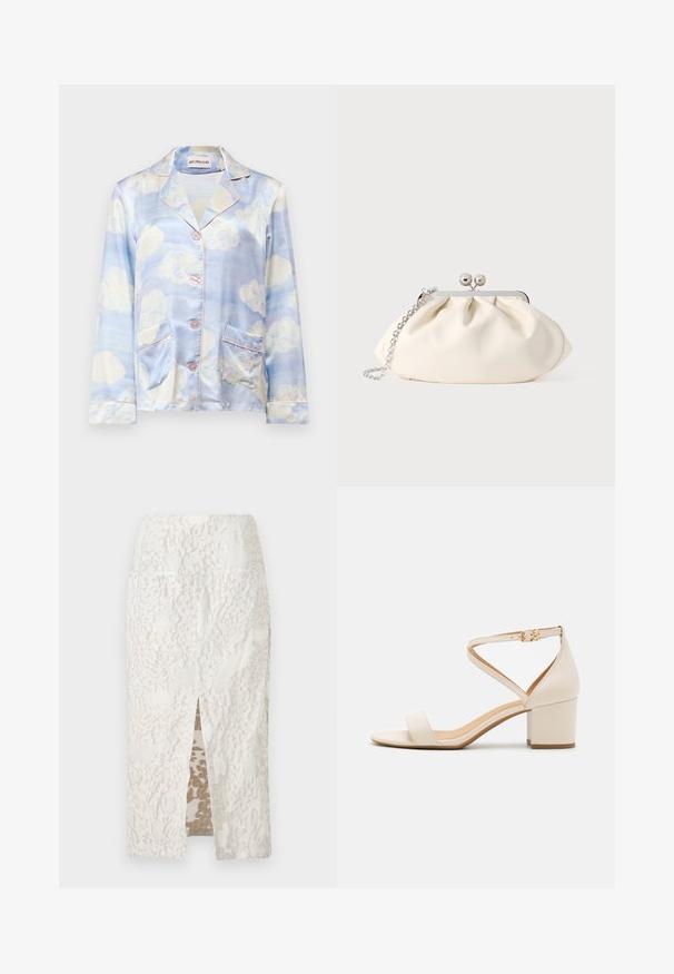 Zijde pyjamashirt in lichtblauw met wolkenpatronen, met een notch-kraag, vijf knopen en twee voorzakken met lichtroze rand.; Witte knielange rok met een getextureerd bloemenpatroon en een vooraan gesplitst, rechte snit, getoond op een effen achtergrond.; Beige blokhak sandalen met een minimalistisch ontwerp, open neus en verstelbare enkelriem met een gouden gesp detail. Zachte textuur.; Crèmekleurige stoffen clutch met een geplooid ontwerp, een zilverkleurig metalen frame, twee decoratieve balletjes en een zilveren kettingriem.