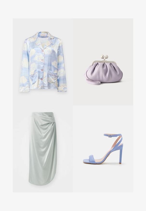 Chemise de pyjama en soie bleu clair avec des motifs de nuages, dotée d'un col en V, de cinq boutons et de deux poches avant avec un passepoil rose pâle.; Jupe en satin vert clair avec un design drapé, mi-longue, texture lisse, dotée d'un détail de nœud sur le côté pour un intérêt visuel supplémentaire.; Sandales à talons hauts bleu clair avec une seule bride et une boucle à la cheville, présentant une texture en cuir lisse et un talon aiguille fin.; Pochette lavande douce avec tissu froncé, fermoir kiss-lock argenté et bracelet assorti sur un fond clair uni.