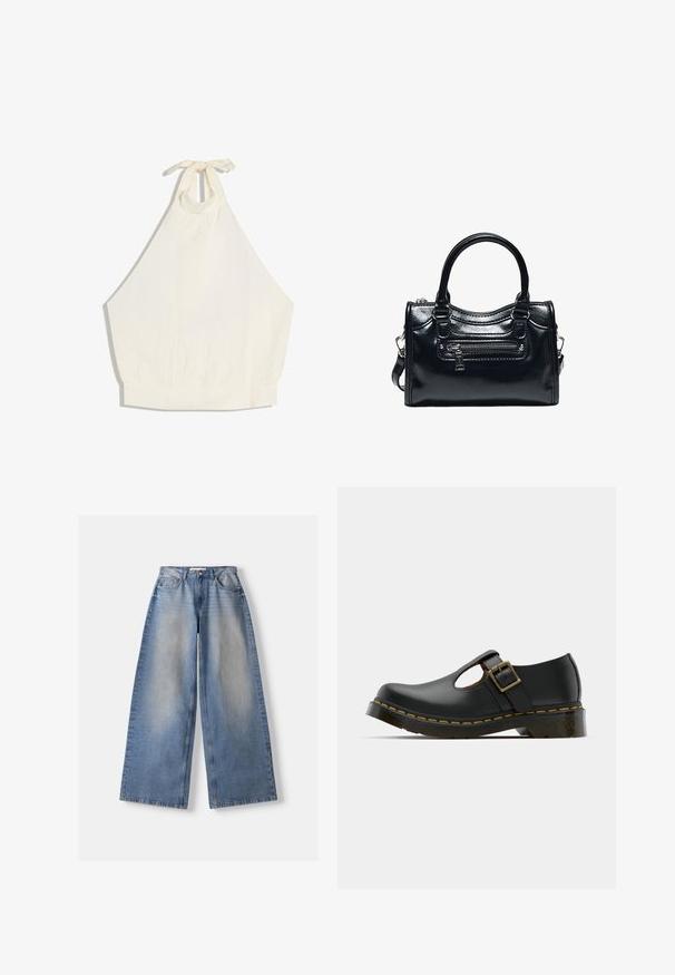 Hvid ærmeløs haltertop med bindebånd i nakken og elastik i taljen, lavet af let stof.; Lyseblå vidde jeans med falmet front, fem-lomme stil, knap- og lynlåslukning, lagt fladt på en hvid baggrund.; Sort lædersko med rund tå, ankelrem og spænde, lav hæl og gul syning langs sålen. Glat tekstur overalt.; Sort skinnende læderhåndtaske med to håndtag, lynlåslomme foran og aftagelig skulderrem på hvid baggrund.