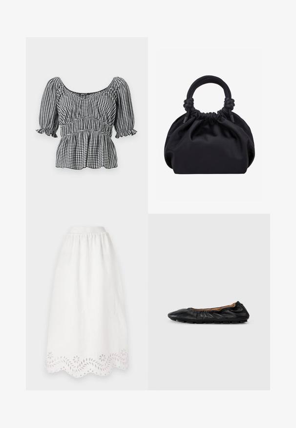 Sort-hvid ternet bluse med korte puffærmer, firkantet udskæring og sammenslynget talje, med en peplum-design og flæser.; Hvid linned nederdel med elastisk talje, som har en scallop-kant pyntet med broderede blomster- og bladvillier.; Sort læder balletflade med samlet detaljering ved kraven, rund tå og fleksibel gummisål. Glat tekstur hele vejen igennem.; Sort blød stofhåndtaske med samlet top og cirkulære polstrede håndtag bundet med knuder på hver side.