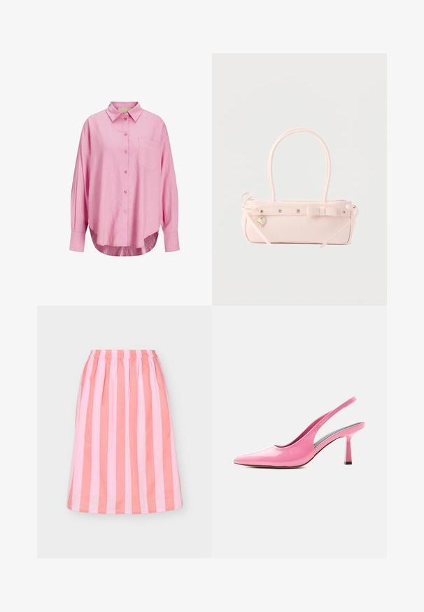 Camisa de botones rosa claro con cuello, mangas largas, un bolsillo en el pecho y un dobladillo ligeramente curvado. La tela parece suave.; Falda hasta la rodilla con rayas verticales en tonos rosa y coral, con cintura elástica sobre un fondo liso.; Zapato de salón slingback rosa brillante con puntera puntiaguda y tacón bloque de altura media sobre fondo blanco.; Bolso rectangular de color rosa pálido con doble asa, lazo decorativo, ojales metálicos y un pequeño colgante en forma de corazón sobre un fondo liso.