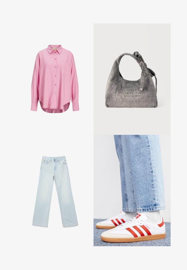 Lyserød button-up skjorte med krave, lange ærmer, enkelt brystlomme og en let afrundet kant. Stoffet ser blødt ud.; Lyseblå jeans med høj talje og lige ben, med frontknap og lynlås, for- og baglommer, vist på hvid baggrund.; Hvide lædersneakers med røde striber og accenter. Har en tekstureret gummisål og polstret krave. Bæres med lyseblå denim.; Grå denim håndtaske med knyttet håndtag og "THE SACK BAG MARC JACOBS" broderet foran.