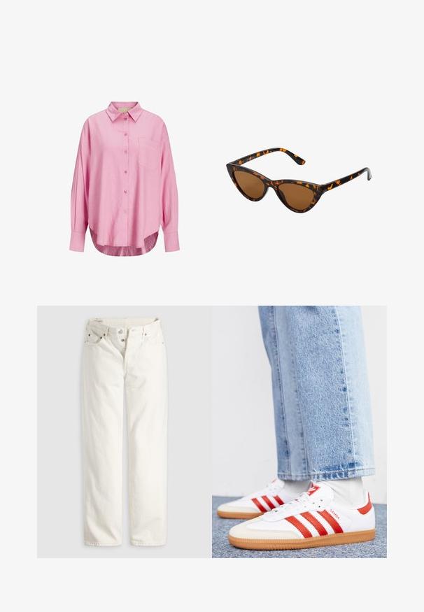 Camisa de botones rosa claro con cuello, mangas largas, un bolsillo en el pecho y un dobladillo ligeramente curvado. La tela parece suave.; Vaqueros blancos de talle alto con pierna recta, cremallera de botones, bolsillos delanteros y traseros, y remaches de cobre visibles en las esquinas de los bolsillos.; Zapatillas de cuero blancas con rayas y detalles rojos. Cuentan con una suela de goma texturizada y un collar acolchado. Llevadas con denim azul claro.; Gafas de sol estilo ojo de gato con montura de carey negra y naranja, lentes marrones y puntas elegantes y afiladas. Presenta un logo minimalista en la patilla.