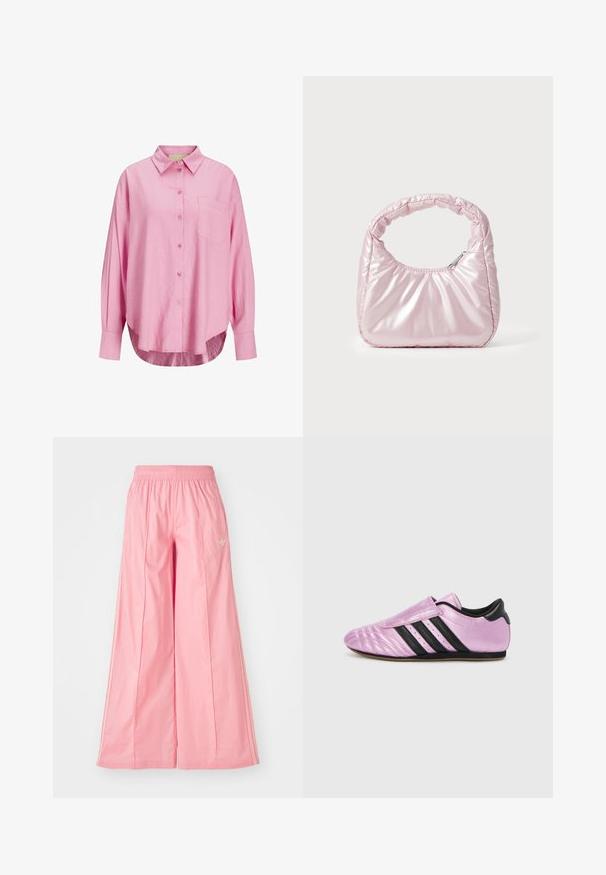 Hellrosa Hemd mit Knopfverschluss, mit Kragen, langen Ärmeln, einer einzelnen Brusttasche und einem leicht gebogenen Saum. Der Stoff scheint weich zu sein.; Rosa weit geschnittene Hosen aus einem leichten Stoff, mit einem elastischen Bund und dezenten weißen Seitenstreifen. Kleines Logo auf der Vorderseite.; adidas Originals TAEKWONDO W - Sneaker low - purple bliss/lilac/core black; Rosa, gepolsterte Handtasche mit abgerundeter Form, aus glänzendem Material gefertigt. Verfügt über einen gerafften Griff und einen Reißverschluss für sicheren Zugang.