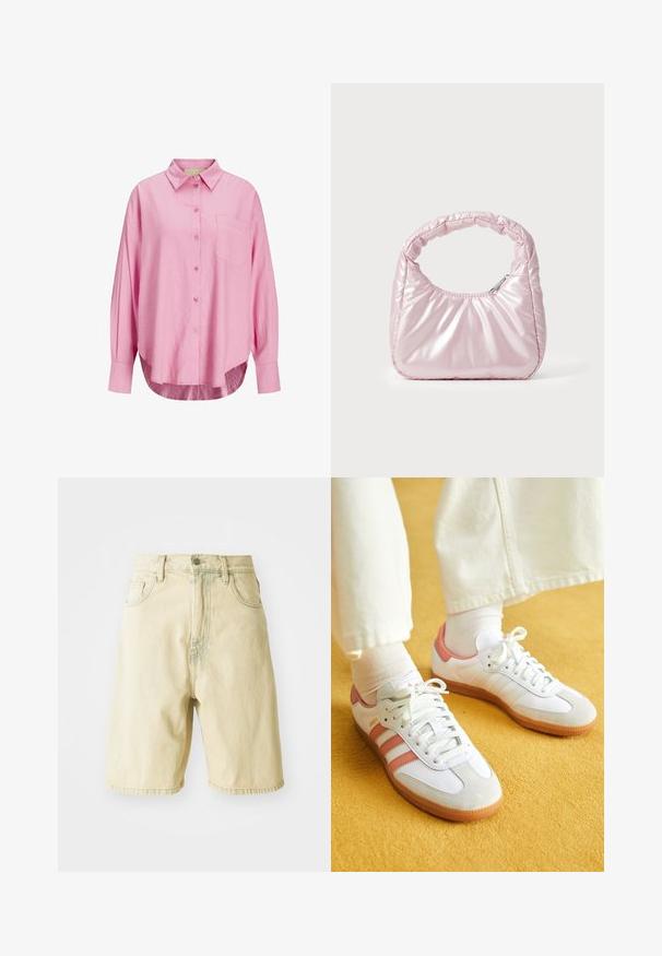 Lyserød button-up skjorte med krave, lange ærmer, enkelt brystlomme og en let afrundet kant. Stoffet ser blødt ud.; Lys gule denim shorts med høj talje, der har bæltestropper, frontknaplukning og sidelommer. Glat tekstur og lige snit.; Hvide sportsko med lyserøde accenter, lavet af ruskind og læder, rund tå og gummisål, vist med lyse sokker på en gul baggrund.; Rosa, polstret håndtaske med afrundet design, lavet af skinnende materiale. Har et samlet håndtag og en lynlås til sikker adgang.