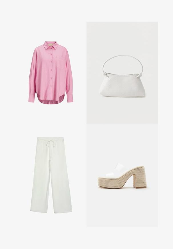 Lyserød button-up skjorte med krave, lange ærmer, enkelt brystlomme og en let afrundet kant. Stoffet ser blødt ud.; Hvide bukser med bred ejer lavet af blødt stof. Har en elastisk talje med snor og en glat tekstur. Ingen synlige mønstre eller hardware.; Platformsandal med chunky vævet beige hæl og sål, med to brede gennemsigtige hvide stropper over foden.; Hvid fletlæderhåndtaske med afrundet håndtag og ender på remmen, der er knyttet, vist mod en ensfarvet baggrund.