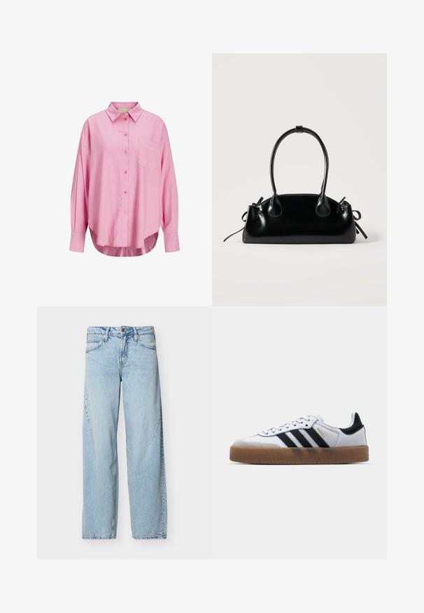 Lyserød button-up skjorte med krave, lange ærmer, enkelt brystlomme og en let afrundet kant. Stoffet ser blødt ud.; Lyseblå denimjeans med lige ben, forlommer, bæltestropper og knaplukning på en ensfarvet hvid baggrund.; Hvide lædersneakers med sorte striber, gummirubber sål, rund tå, snørelukning og blød grå ruskinds tåhætte.; Lille sort blank håndtaske med to lange håndtag og snøre-detaljer i siden på en ensfarvet lys baggrund.