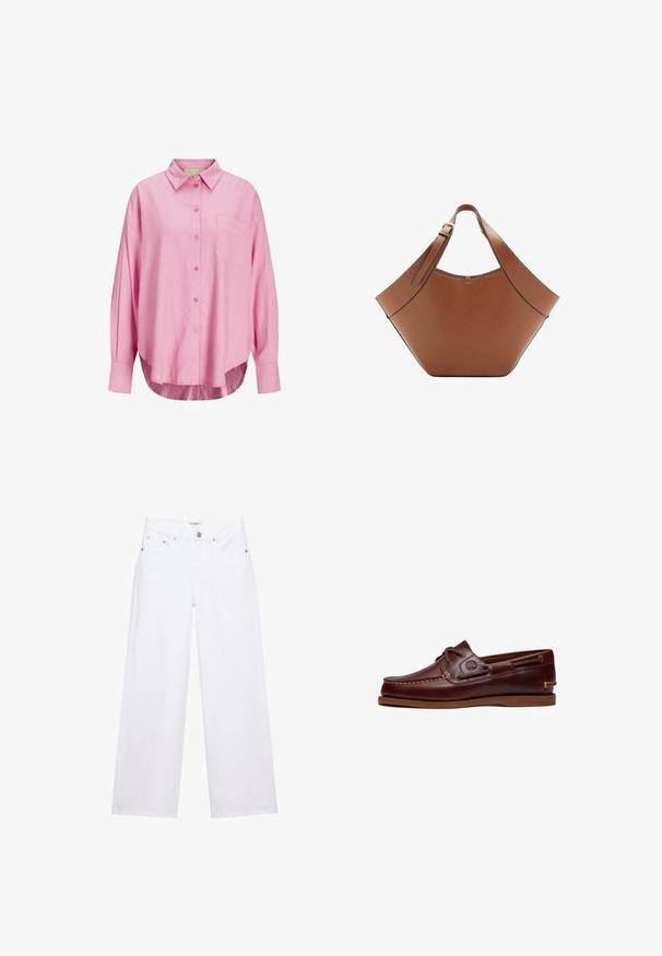 Lyserød button-up skjorte med krave, lange ærmer, enkelt brystlomme og en let afrundet kant. Stoffet ser blødt ud.; Hvide jeans med høj talje og vide ben med knap- og lynlåslukning, for- og baglommer samt sølvfarvede nitter som detaljer.; Brun læder bådsko med snørre, syningsdetaljer og Timberland-logo på siden, vist på en hvid baggrund.; Brun læderhåndtaske med bred justerbar skulderrem og geometrisk, trapezformet form på hvid baggrund.