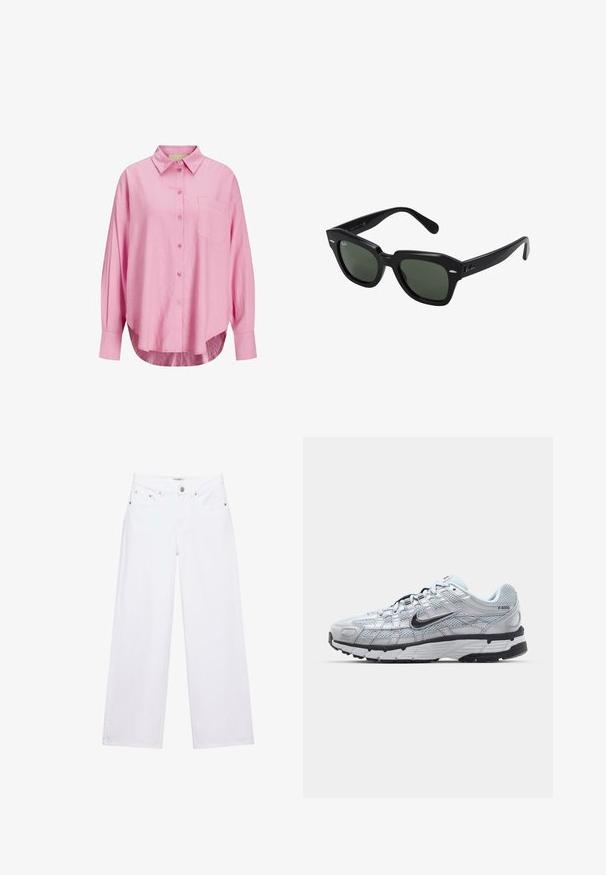 Hellrosa Hemd mit Knopfverschluss, mit Kragen, langen Ärmeln, einer einzelnen Brusttasche und einem leicht gebogenen Saum. Der Stoff scheint weich zu sein.; Weiße, hoch taillierte Jeans mit weitem Bein, Knopf- und Reißverschluss, Taschen vorne und hinten sowie silbernen Nieten.; Nike P-6000 Sneakers mit einem Obermaterial aus leichtem grauem Mesh, schwarzen Akzenten und einer langlebigen schwarzen Gummisohle. Verfügt über ein komplexes Design und ein Schnürsystem.; Schwarze quadratische Sonnenbrillen mit dunkelgrünen Gläsern, ausgestattet mit markanten Rahmen und silbernen Akzenten an den Seiten. Hergestellt in Italien.