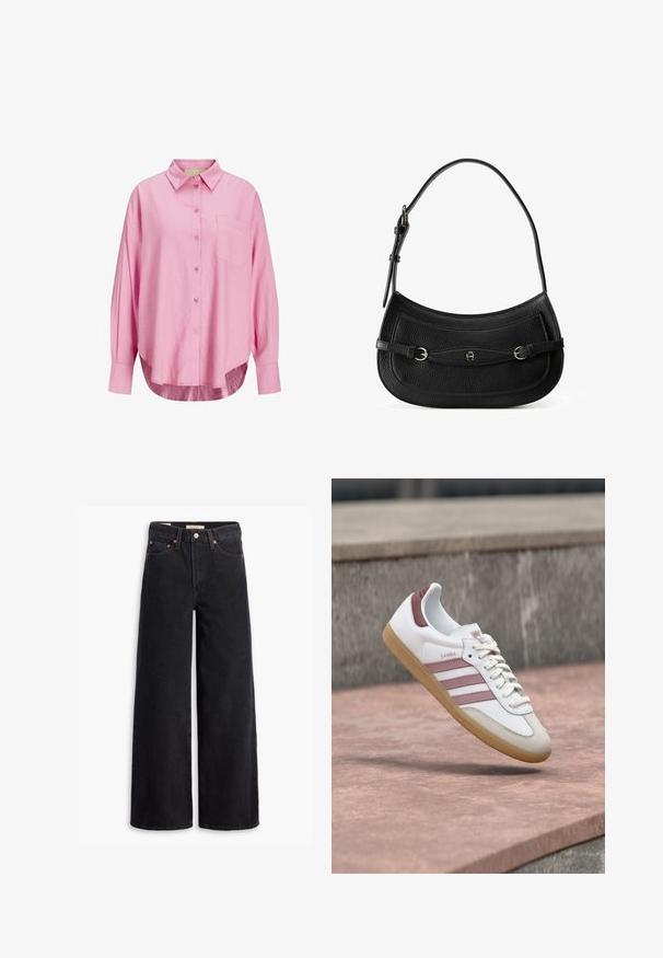Hellrosa Hemd mit Knopfverschluss, mit Kragen, langen Ärmeln, einer einzelnen Brusttasche und einem leicht gebogenen Saum. Der Stoff scheint weich zu sein.; Schwarze weite Jeans aus Denim mit fünf Taschen, Kupferrivets und einem klassischen Knopfverschluss. Glatte Textur mit einem klaren Design.; Weißer und rosa Adidas Samba Sneaker mit Gummisohle, der über einer Steinoberfläche schwebt und vor einem verschwommenen Steinwand-Hintergrund.; Schwarze Lederhandtasche mit strukturierter Oberfläche, geschwungener Form, verstellbarem Riemen und Metallbeschlägen. Verfügt über eine Klappe mit minimalistischem Design.
