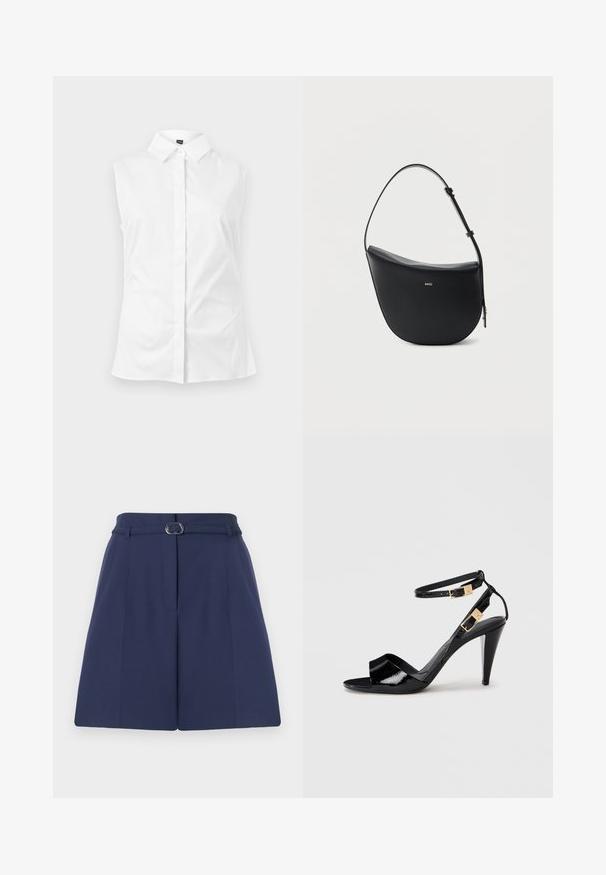 Chemise blanche sans manches à boutons, col pointu, tissu lisse et silhouette épurée et ajustée.; Shorts ajustés bleu marine avec une ceinture, dotés d'une passante de ceinture, de détails plissés et d'une texture de tissu lisse. Coupe droite standard.; Sandale à talon haut en cuir verni noir avec double bride de cheville et boucles dorées, bout ouvert, et talon effilé sur fond neutre.; Sac à bandoulière en cuir noir en forme de demi-lune avec une bandoulière réglable et le logo doré « BOSS » centré sur le devant.