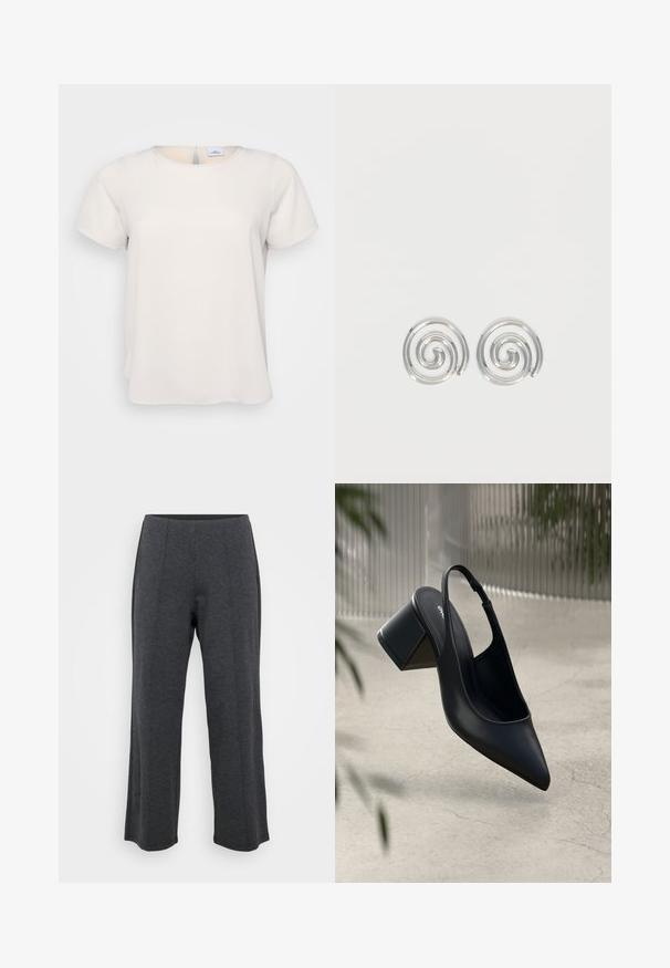 Camiseta de manga corta y cuello redondo en tejido beige claro con una textura suave; presenta un detalle de abertura en la parte posterior y un corte relajado.; Pantalones de pierna ancha en gris oscuro, hechos de una tela suave y elástica. Presentan una cinturilla suave y un frente plano con pliegues sutiles para un detalle adicional.; Zapato de tacón slingback de cuero negro con punta afilada y tacón cuadrado. Textura suave, diseño minimalista y correa ajustable en el tobillo.; Par de pendientes de aro espiral plateados con diseño liso y redondeado sobre un fondo blanco liso.