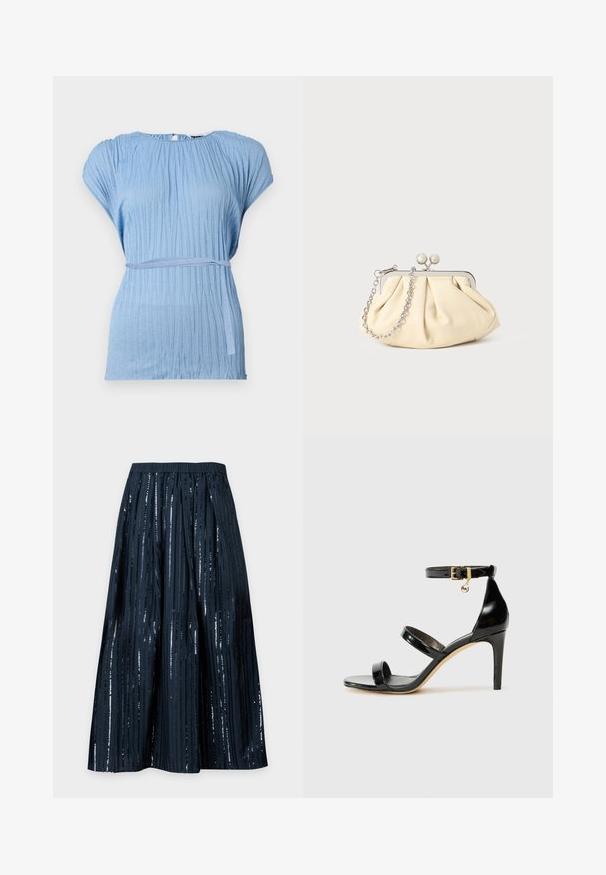 Lichtblauwe blouse met een gestructureerd, geplooid ontwerp en korte mouwen; heeft een bijpassende stoffen ceintuur rond de taille voor accentuering.; Marineblauwe midirok met verticale zwarte paillettenstrepen en een elastische tailleband, getoond tegen een effen lichte achtergrond.; Zwarte gepatineerde leren sandaal met drie banden, enkelgesp en 10 cm hoge stiletto hak. Bevat gouden hardwaredetails en een logo charm.; Geplooide beige leren clutch met een zilveren metalen frame, voorzien van twee ronde decoratieve sluitingen en een zilveren kettingriem.