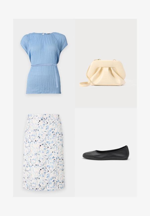 Blusa de color azul claro con un diseño texturizado y plisado, con mangas cortas; presenta un cinturón de tela a juego alrededor de la cintura para acentuar.; Falda con estampado floral que presenta un fondo claro con remolinos azules y acentos oscuros, confeccionada con tejido transpirable, con un diseño a la altura de la rodilla.; Bailarina de piel negra con punta redondeada, textura suave, detalle de costura minimalista y diseño de suela flexible.; Bolso clutch de cuero suave beige con estructura rígida y detalle fruncido en el frente, con una correa delgada para la muñeca y cremallera dorada.