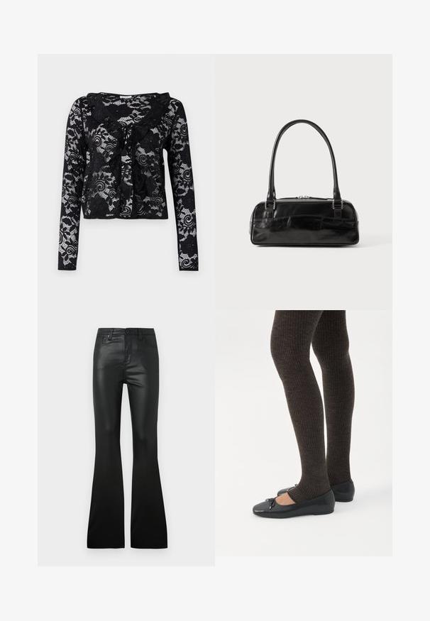 Sort blondekort cardigan med lange ærmer, blomstermønster, flæsekant ved kraven, åben frontdesign og bindebånd ved halsen.; Sorte flared bukser lavet af glat, skinnende materiale. Har frontlommer og knaplukning. Skræddersyet pasform gennem talje og hofter.; Ben iført mørke ribbede leggings kombineret med sorte balletsko med små sløjfedetaljer på hvid baggrund.; Sort læderhåndtaske med rektangulær form, der har et enkelt struktureret håndtag, sølvhardware og lynlås-lukning. Glat tekstur.