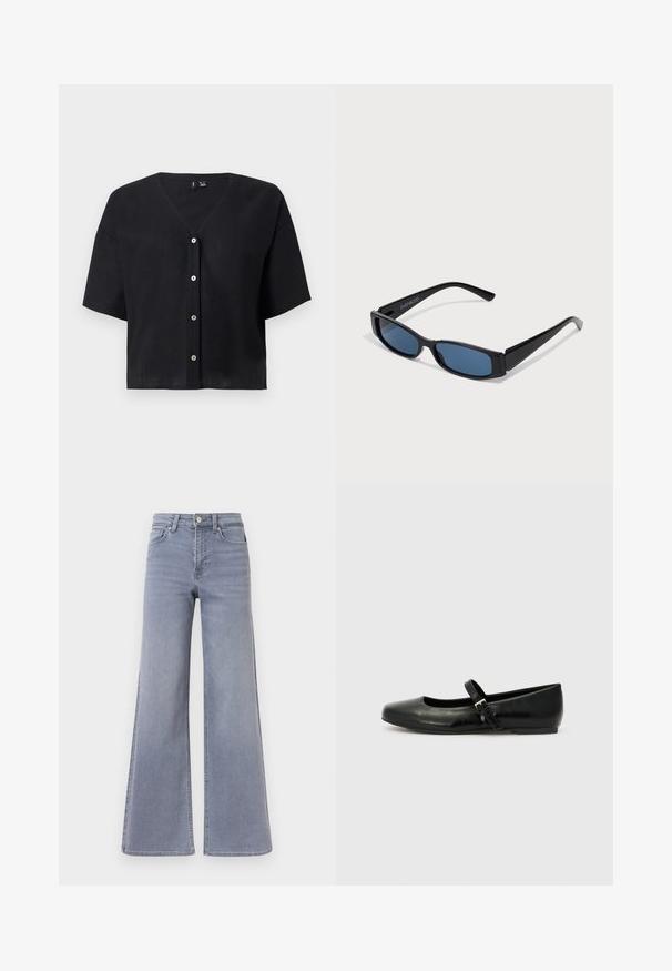 Cardigan court noir à manches courtes avec col en V et quatre boutons blancs sur le devant.; Jean en denim bleu clair, taille haute, jambes larges, avec fermeture à boutons et fermeture éclair à l'avant, poches avant et arrière, présenté sur fond blanc.; Ballerines en cuir noir avec un bout arrondi, une semelle plate et une fine sangle ajustable sur le cou-de-pied avec une boucle en métal.; Lunettes de soleil noires avec une monture rectangulaire élégante et des verres bleus. Présente une texture lisse et des branches robustes. Logo de la marque sur le côté.