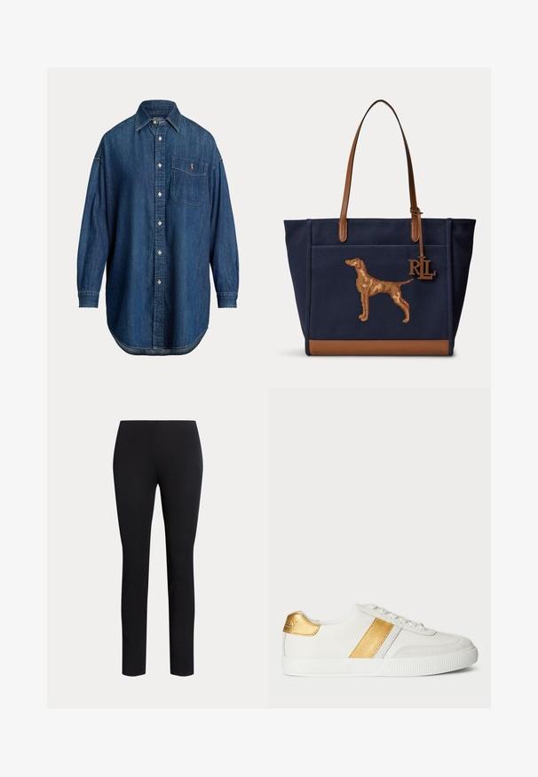 Langærmet blå denim knap-op skjorte med brystlomme med lille broderet logo og klassisk krave.; Sorte slanke bukser med talje i mellemhøjde og lige ben vist mod en ensfarvet lys baggrund.; Hvide sneakers lavet af syntetisk materiale, med et metallisk guldbånd og hælaccent, samt en tekstureret gummisål.; Marineblå taske med brune læderhåndtag og bund, med et syet brunt hundesilhuet og hængende "RL" logo charm.