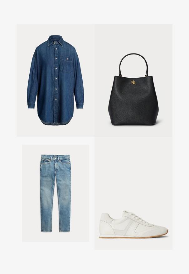 Langærmet blå denim knap-op skjorte med brystlomme med lille broderet logo og klassisk krave.; Lyseblå slim-fit jeans med fem lommer og knaplukning, lagt fladt på en hvid baggrund.; Hvid lavtop sneaker med snørelukning foran, ruskind- og læderpaneler og en lysebrun gummisål på en hvid baggrund.; Sort faux læder tote taske med en tekstureret overflade, buet form og et guld logo foran. Har to solide håndtag.