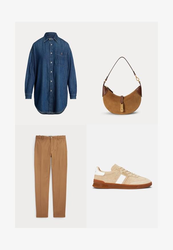 Langærmet blå denim knap-op skjorte med brystlomme med lille broderet logo og klassisk krave.; Brune bomuldsbukser med slim-fit design, flad front og standard lommer; glat tekstur og opkradset afslutninger.; Beige ruskindssneakers med hvide striber, gummisål og brune detaljer. Har en tekstureret overflade og en logo på siden.; Brun ruskind halv-måne taske med mørkebrune læderdetaljer, guldfarvet hardware og kort skulderrem.