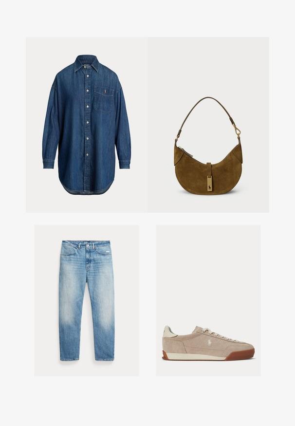 Langærmet blå denim knap-op skjorte med brystlomme med lille broderet logo og klassisk krave.; Lyseblå falmede jeans med lige ben, forlommer, knap- og lynlåslukning samt let slid på højre lår.; Beige ruskind lavtop sneaker med hvide snørebånd, hvidt logo på siden og brun gummisål.; Brun ruskinds håndtaske med en buet form, guldfarvet hardware og lynlås lukning. Har en kort, justerbar skulderrem.