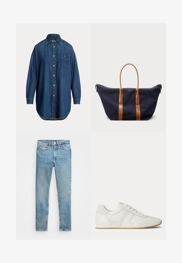 Langærmet blå denim knap-op skjorte med brystlomme med lille broderet logo og klassisk krave.; Lyseblå, slanke denim-jeans med fem lommer og metal knaplukning, lagt fladt på en hvid baggrund.; Hvid lavtop sneaker med snørelukning foran, ruskind- og læderpaneler og en lysebrun gummisål på en hvid baggrund.; Marineblå canvas sporttaske med lysebrune læderremme, lynlås lukning og lille rød logo detalje på forsiden, udstyret med et bredt og rummeligt design.