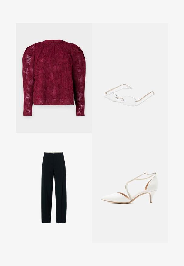 Bordeaux lange mouwen top met intricately bloemige kant textuur, hoge halslijn en gezwollen schouders. Doorzichtige stof met een subtiel patroon.; Zwarte rechte broek met hoge taille, riemlussen en een rits aan de voorkant, weergegeven op een witte achtergrond.; Witte schoenen met puntige neus en middelhoog hakje, met gekruiste strassriempjes en een enkelgesp op een lichte achtergrond.; Gouden metalen bril met ovale lenzen, slanke armen en transparante neus pads. Heeft subtiele scharnieraccenten en transparante lenzen.