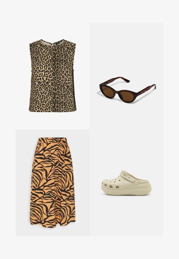 Beesärgusti beežist kangast musta leopardimustriga. Omab ümmargust kaelust ja lukuga ava seljal. Lihtne disain.; Pieces PCNADINE MIDI SKIRT - Voltidega seelik - biscuit/zebra; Beežist sussitaoline jalanõu läbiauguga pealmise osa, reguleeritava rihma ja paksu pehmendusega tald, mis on loodud igapäevaseks mugavuseks.; Pruunid kilpkonnamustriga päikeseprillid, mille vintage-kassikujuline kuju ja pruunid läätsed. Omavad kaardus varsi punaste aktsentidega.