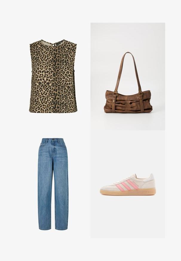 Top sin mangas de tela beige con estampado de leopardo negro. Presenta un escote redondo y un cierre en forma de llave en la parte posterior. Diseño sencillo.; Jeans de mezclilla azul claro con un diseño de pierna recta, que cuentan con cierre de botón, cinco bolsillos y un ligero desvanecimiento a lo largo de la tela.; Zapatilla de ante beige con tres franjas rosas en el lateral. Cuenta con una suela de goma texturizada y un detalle blanco en el talón. Diseño minimalista.; Even&Odd Bolso de mano - brown
