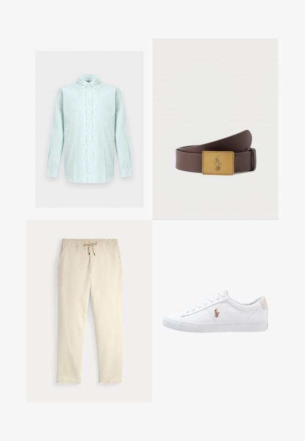 Camisa de manga larga azul claro con botones, cuello abotonado, botones blancos y dobladillo curvado sobre fondo neutro.; Pantalones casuales color blanco roto con cinturilla elástica y cordón, piernas rectas y bolsillos laterales sobre un fondo liso.; Zapatilla de lona blanca con diseño de corte bajo, que cuenta con un taco trasero beige y un pequeño logo bordado en el costado. Suela de goma.; Cinturón de cuero marrón con una hebilla rectangular dorada que presenta un jugador de Polo en relieve montado a caballo y sosteniendo un mazo.