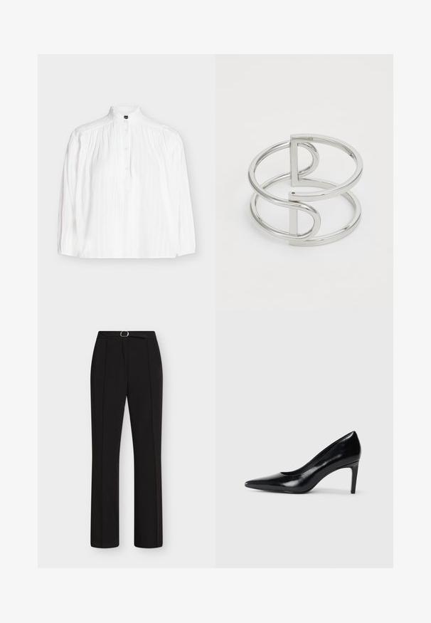 Blouse blanche à manches longues avec col montant, patte de boutonnage, et détails de plis piqués verticaux et dentelle sur le devant.; Pantalon noir à jambe droite avec des plis sur le devant et une ceinture noire assortie avec une boucle argentée, présenté sur fond blanc.; Chaussure à talon haut en cuir noir avec un bout pointu, texture lisse et un talon effilé. Design minimaliste, sans embellissements supplémentaires.; Bracelet en métal argenté avec un design à double boucle, fini lisse et brillant, et un accent géométrique minimaliste.