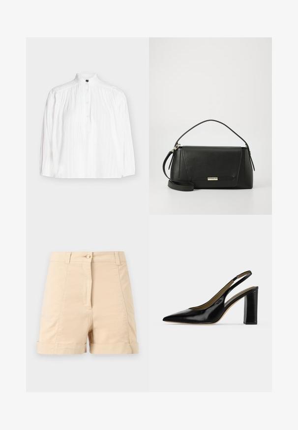 Blusa blanca de manga larga con cuello alto, tapeta de botones y detalles verticales de pliegues y encaje en la parte delantera.; Shorts de talle alto beige con cierre de botón, trabillas para cinturón, costuras frontales cosidas y dobladillos doblados sobre un fondo gris claro.; Zapato de tacón alto tipo slingback de charol negro con puntera puntiaguda y tacón cuadrado sobre fondo claro y liso.; Bolso de mano de cuero negro con un diseño estructurado, una correa de hombro desmontable y un acento de cierre metálico. Presenta líneas limpias y una textura suave.