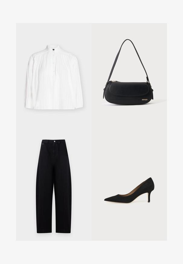 Blouse blanche à manches longues avec col montant, patte de boutonnage, et détails de plis piqués verticaux et dentelle sur le devant.; Pantalon noir taille haute à jambes larges avec fermeture par bouton et zip devant, avec poches latérales et passants de ceinture sur un fond clair.; Escarpin en daim noir à bout pointu avec un talon stiletto fin de hauteur moyenne et un design à coupe basse sur un fond uni.; Sac à épaule en cuir noir avec rabat incurvé, logo doré "HUGO" sur le devant, et une bandoulière réglable.