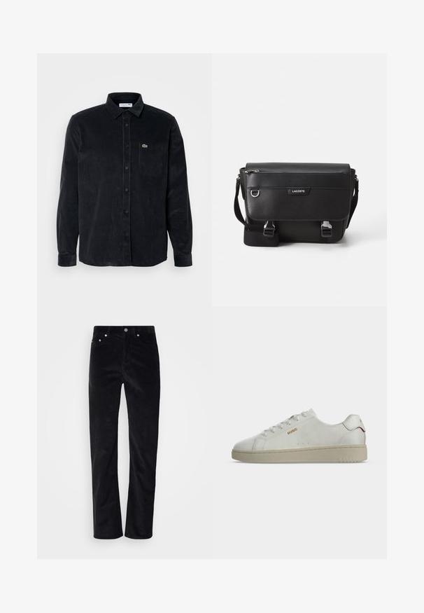 Chemise à manches longues en velours côtelé noir avec fermeture à boutons, col pointu et poche poitrine gauche arborant un petit logo vert.; Pantalons en velours côtelé noir avec une coupe droite. Présentent une fermeture à bouton et un style à cinq poches. Tissu texturé à côtes.; Baskets blanches basses avec semelle beige, logo doré "HUGO" sur le côté et accent rouge sur la languette du talon, vues de profil.; Sac messager Lacoste noir texturé avec bandoulière ajustable, rabat avant, poche zippée et fermetures à boucle en métal.
