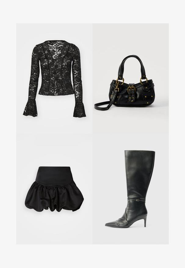Sort blonde top med V-udskæring, lange ærmer med flared manchetter og et blomsterdesign i hele. Elegant og gennemsigtig.; Sort satin nederdel med en tilpasset talje og voluminøs, rynket kant. Har en glat tekstur og en ballon-silhuet.; Sorte knæhøje støvler i læder med en slank hæl, spids tå og remdetaljer ved anklen. Glat tekstur og tætsiddende design.; Sort læderhåndtaske med guldbælge og nitdetaljer, korte håndtag og en justerbar skulderrem på en ensfarvet hvid baggrund.
