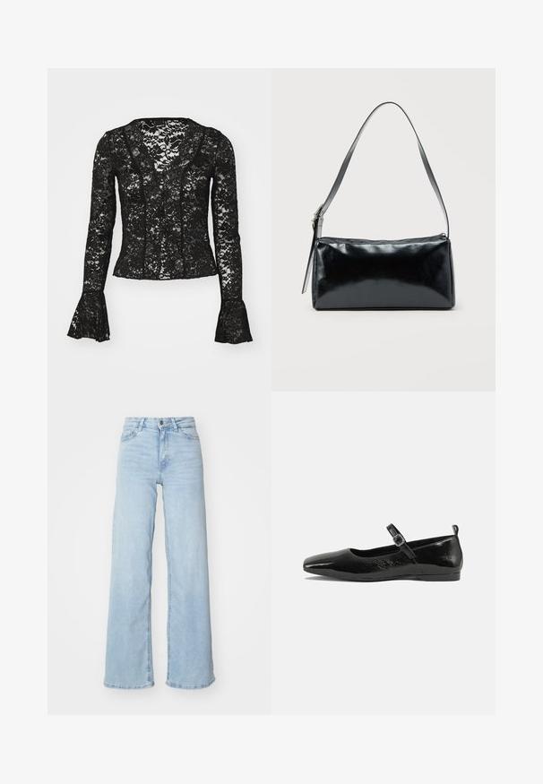 Sort blonde top med V-udskæring, lange ærmer med flared manchetter og et blomsterdesign i hele. Elegant og gennemsigtig.; Lysblå brede jeans lavet af denim. Har høj talje, frontlukning med knapper og to lommer. Glat tekstur med subtilt falmede områder.; Sorte patentlæder flade sko med spidse tæer, en ankelrem med spænde og en glat, blank tekstur. Lav hæl for komfort.; Sort rektangulær skuldertaske med en enkelt justerbar rem og lynlås i toppen på en ensfarvet baggrund.