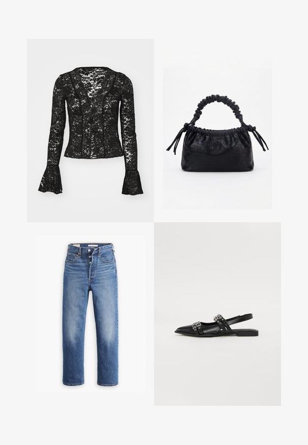 Sort blonde top med V-udskæring, lange ærmer med flared manchetter og et blomsterdesign i hele. Elegant og gennemsigtig.; Blå denim jeans med høj talje, lige ben og udtværede områder. Har forlommer og metalbeslag.; Even&Odd by Zalando Slingback-ballerinasko - black; Sort taske med krokodilletekstur, rynket øverste kant, samlet hank og snore med kvaster på hver side mod en hvid baggrund.