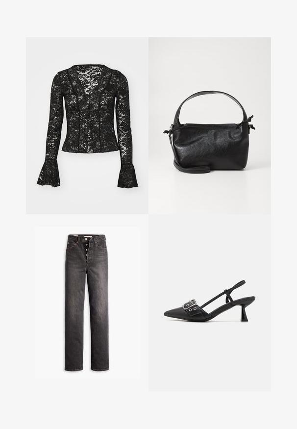 Sort blonde top med V-udskæring, lange ærmer med flared manchetter og et blomsterdesign i hele. Elegant og gennemsigtig.; Sorte højtaljede jeans med lige ben-design, lavet af denim. Features en knaplukning, kobberdetaljer og kontrastsyninger.; Simmi London DALA - Pumps - black; Sort læderhåndtaske med et struktureret design, rund tophåndtag og aftagelig skulderrem. Den har en glat tekstur og en subtil glans.